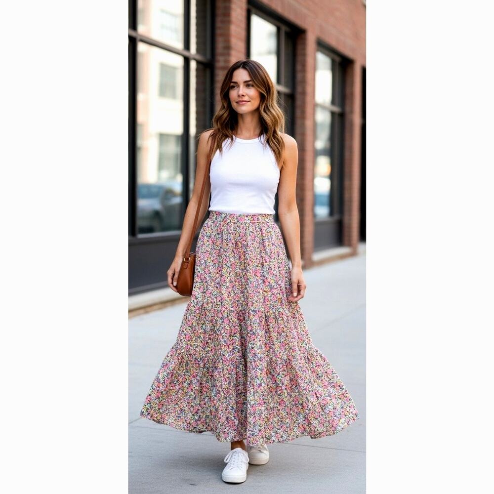 Natural Life Maxi Skirt BOHO Floral w/Side Slit Smocked Elastic Waist - Large